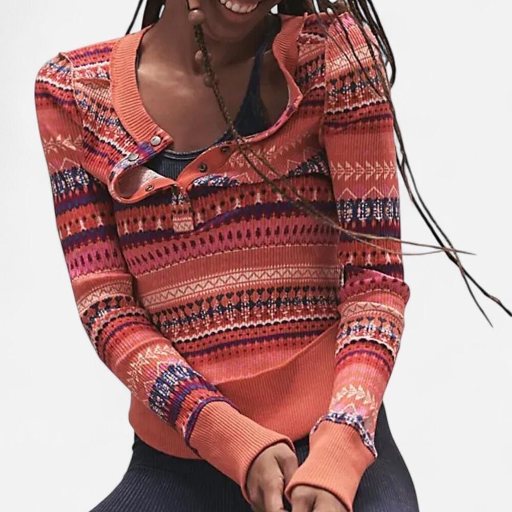 Free People Movement Rally Printed Thermal Top – Y2K Slim Henley (XS)